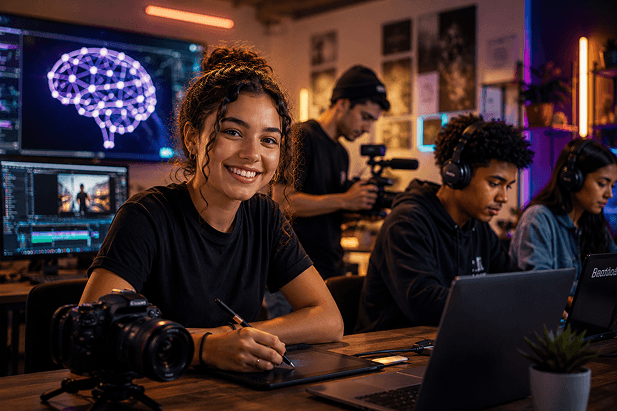 Jovem mulher sorrindo em estúdio de edição com tela de inteligência artificial ao fundo — Programa Educ.AI do Instituto FALA