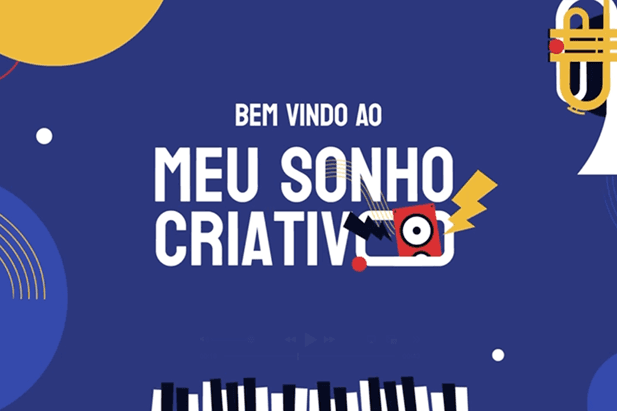 Banner do projeto Meu Sonho Criativo — Bem-vindo ao Meu Sonho Criativo, com elementos visuais de música e audiovisual