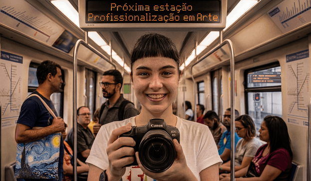Jovem fotógrafa sorrindo com câmera Canon EOS R5 dentro de vagão de metrô, com painel eletrônico exibindo: Próxima estação — Profissionalização em Arte