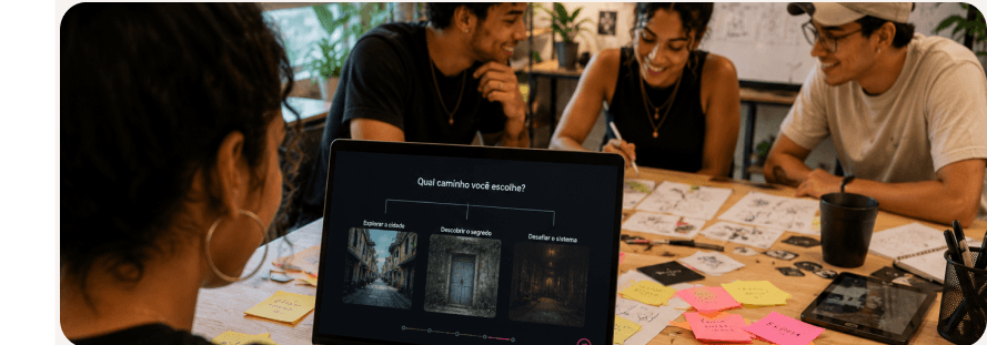Participantes do Educ.AI em formação ao redor de uma mesa com laptop